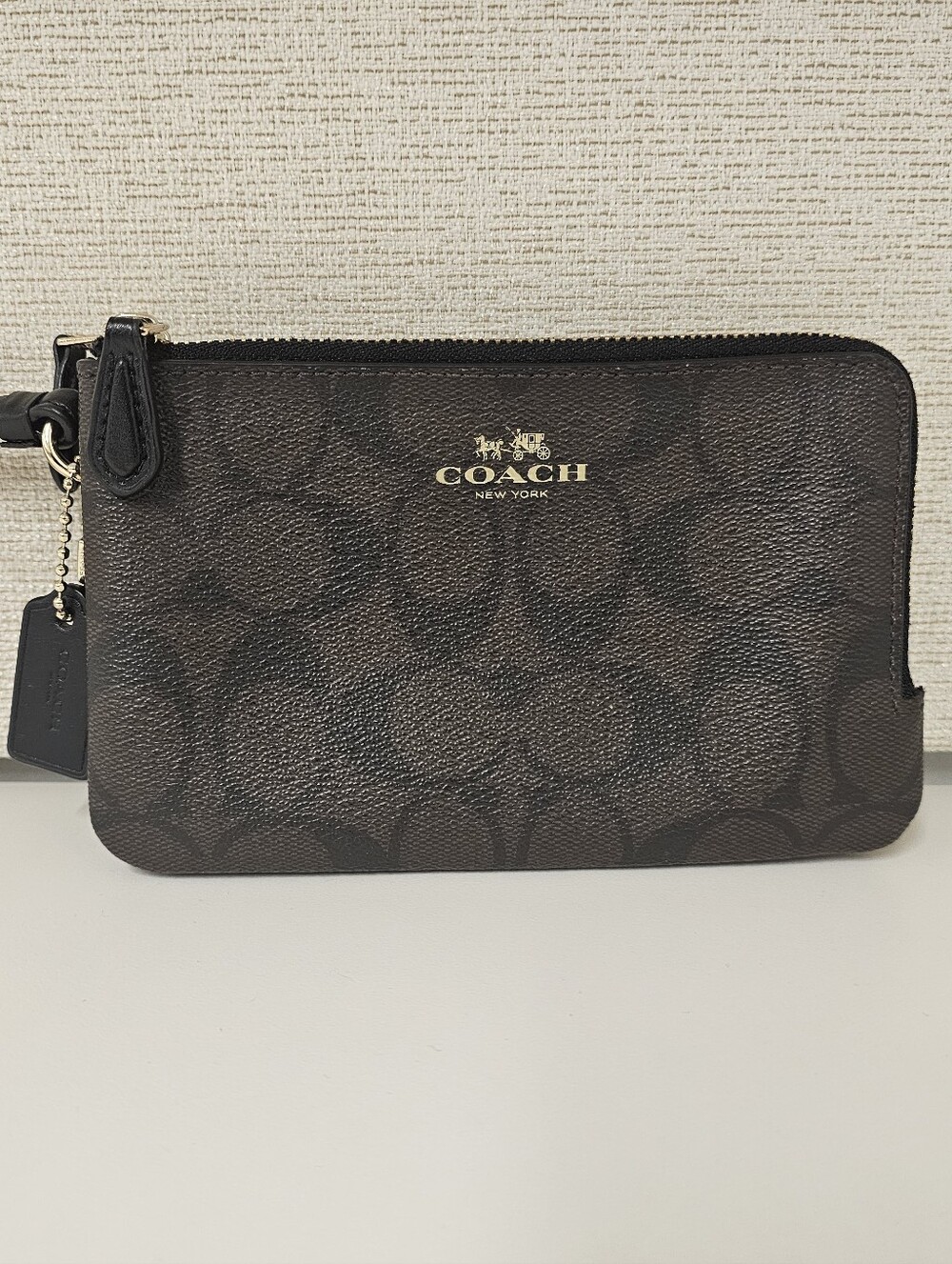 Coach Double Corner Chocolate Brown Signature Zip Wristlet Wallet with Gold Logo